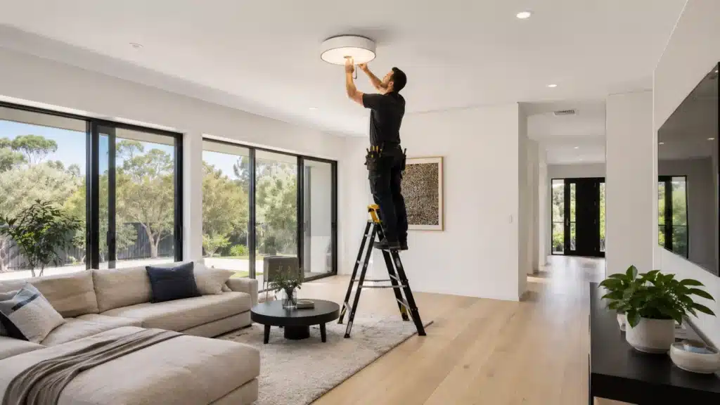 electrician installing ceiling light brisbane